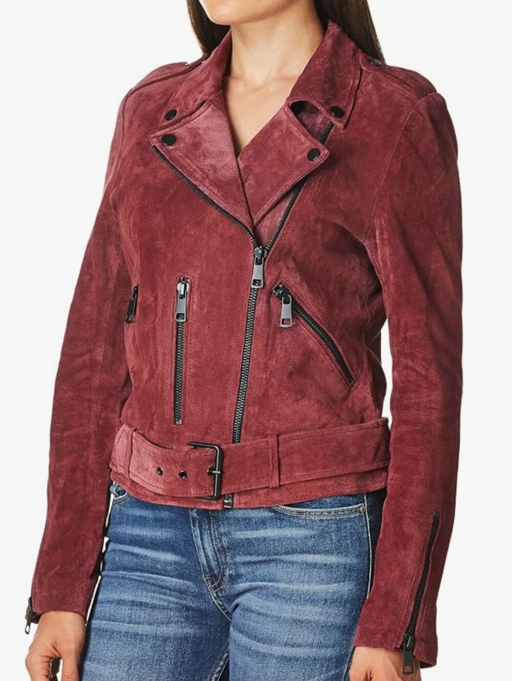 Bagatelle Women's Suede Belted Biker Jacket - Burgundy